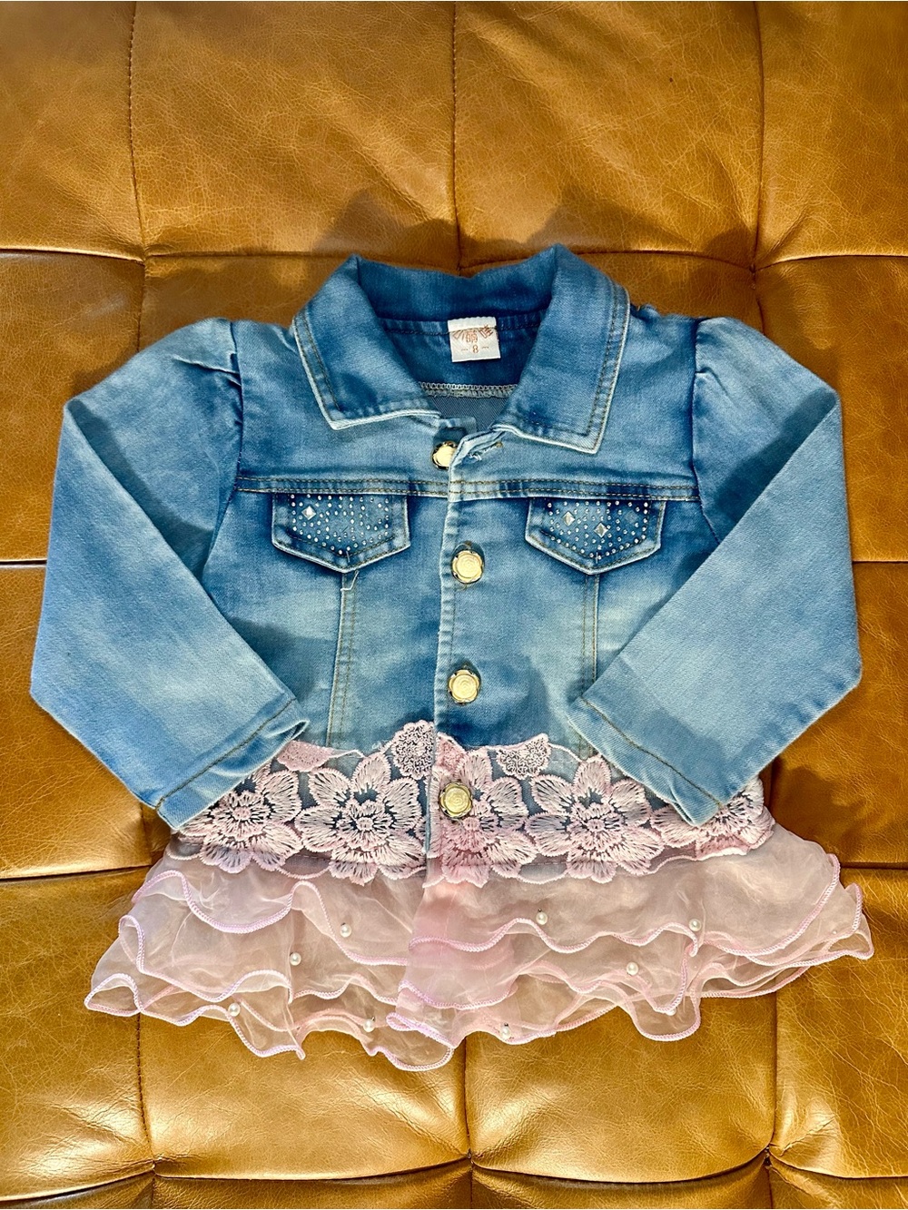 Girls Blue Denim Jacket with Pink Lace Hem